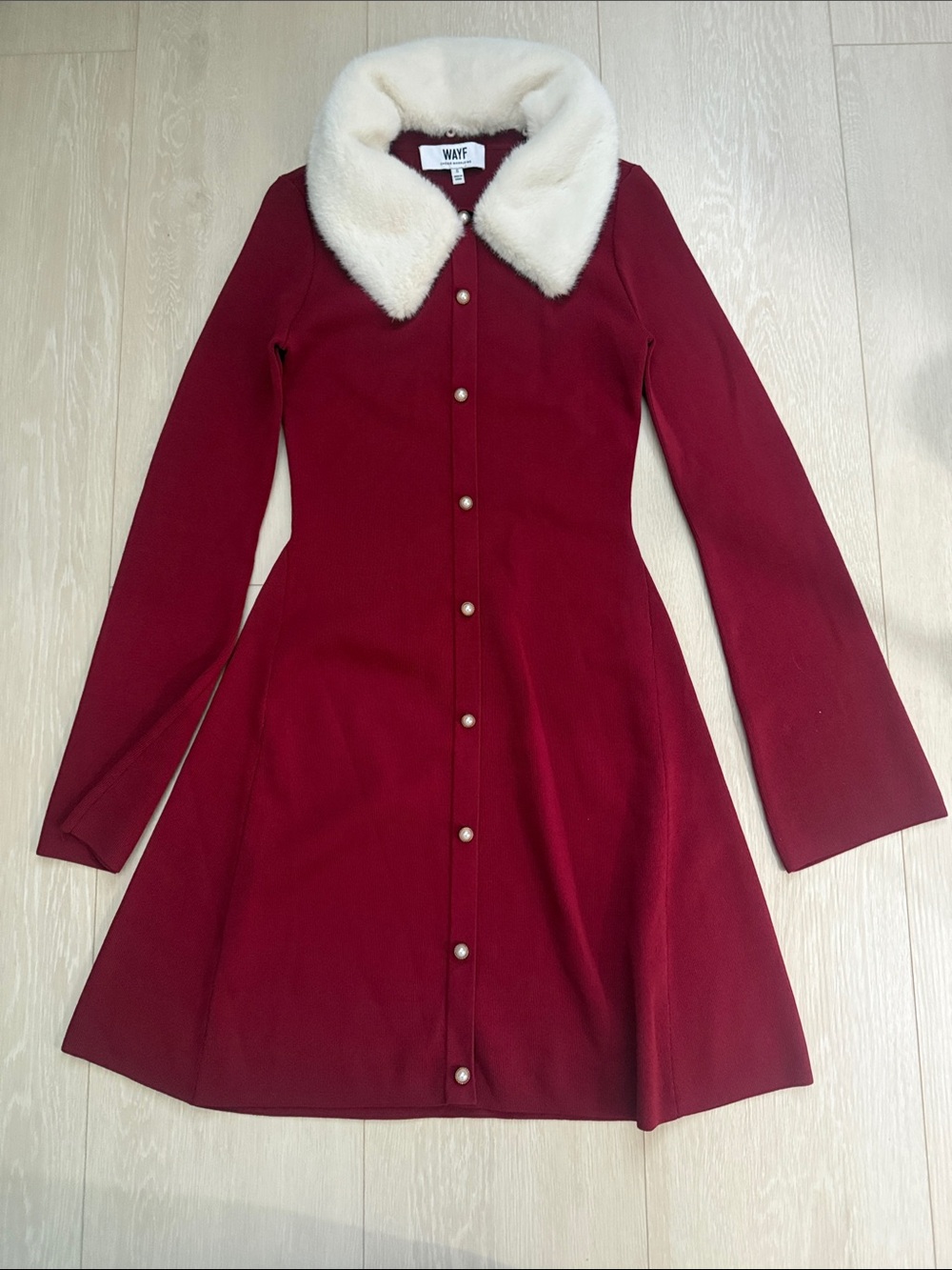 Wayf Burgundy Long-Sleeve A-Line Dress with White Faux-Fur Collar - Picture 3 of 9